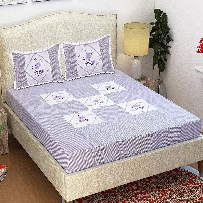 HomeStore-YEP 260 TC Cotton Double Embroidered Flat Bedsheet  (Pack of 1, Blue)