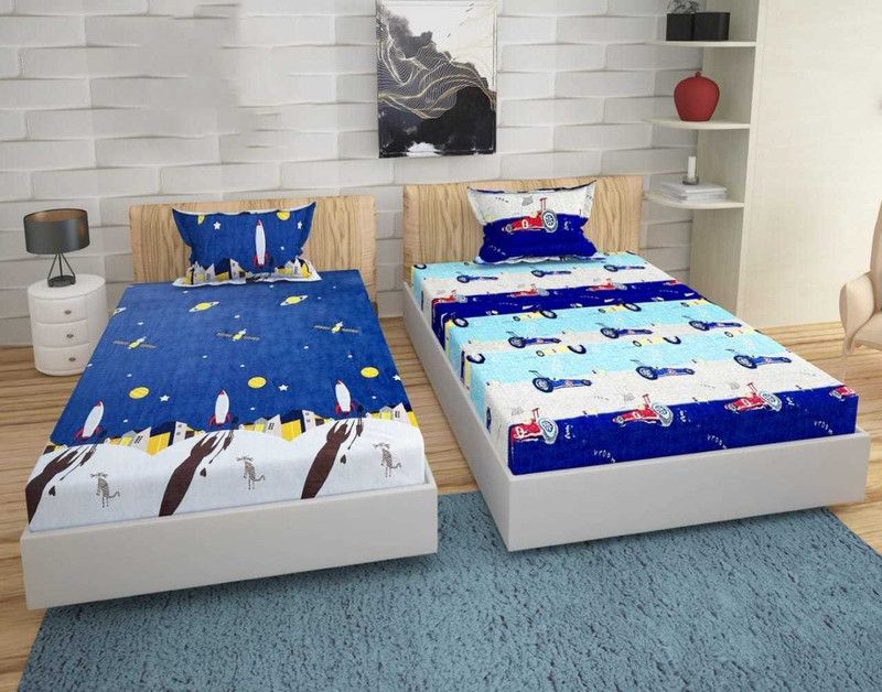 luxxybliss 250 TC Cotton Single Printed Fitted (Elastic) Bedsheet  (Pack of 2, Blue, Multicolor)