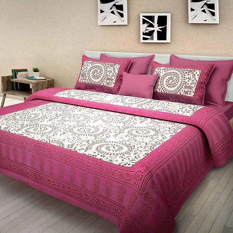 Rajasthani jaipuri Print 151 TC Cotton King Floral Flat Bedsheet  (Pack of 3, Pink)