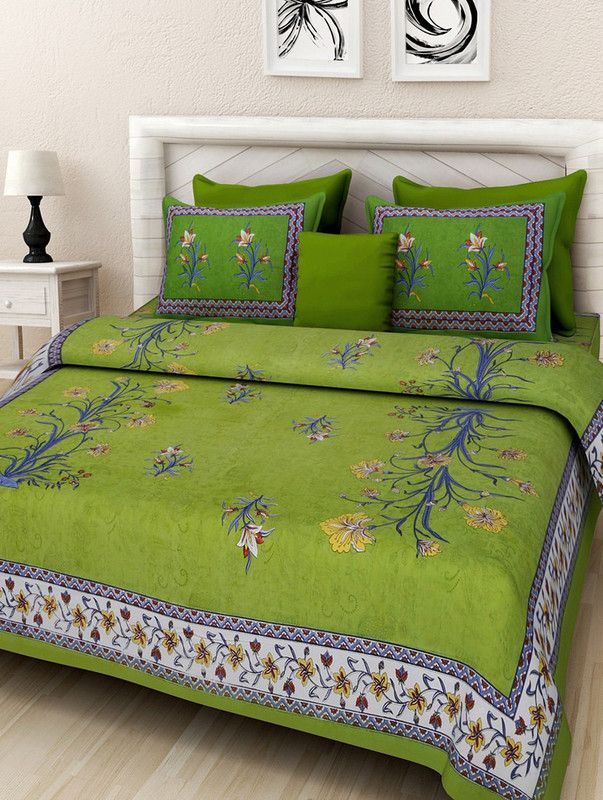 Pahrava 150 TC Cotton King Jaipuri Prints Flat Bedsheet  (Pack of 1, Green)