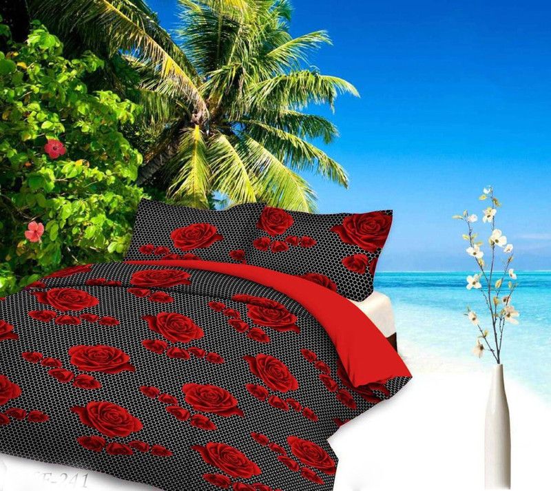 BRUKSTYLEY 140 TC Cotton Queen Floral Flat Bedsheet  (Pack of 1, Red & Black)