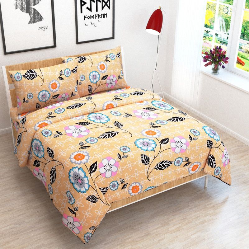 NC CREATIONS 140 TC Polycotton Double Printed Fitted & Flat Bedsheet  (Pack of 1, Beige)