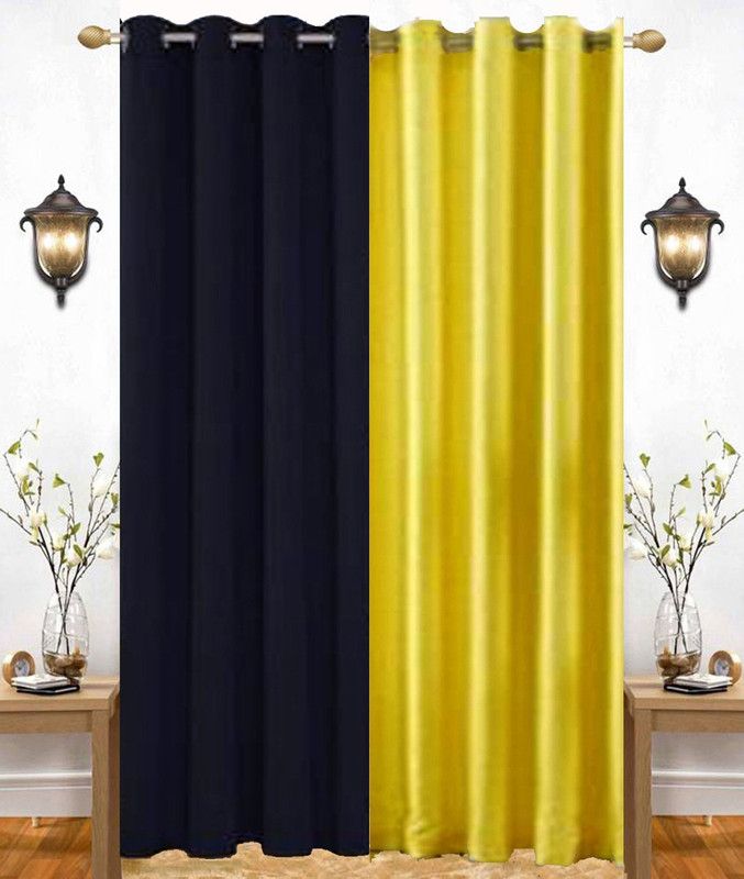India Furnish 274 cm (9 ft) Polyester Semi Transparent Long Door Curtain (Pack Of 2)  (Plain, Solid, Black & Yellow)