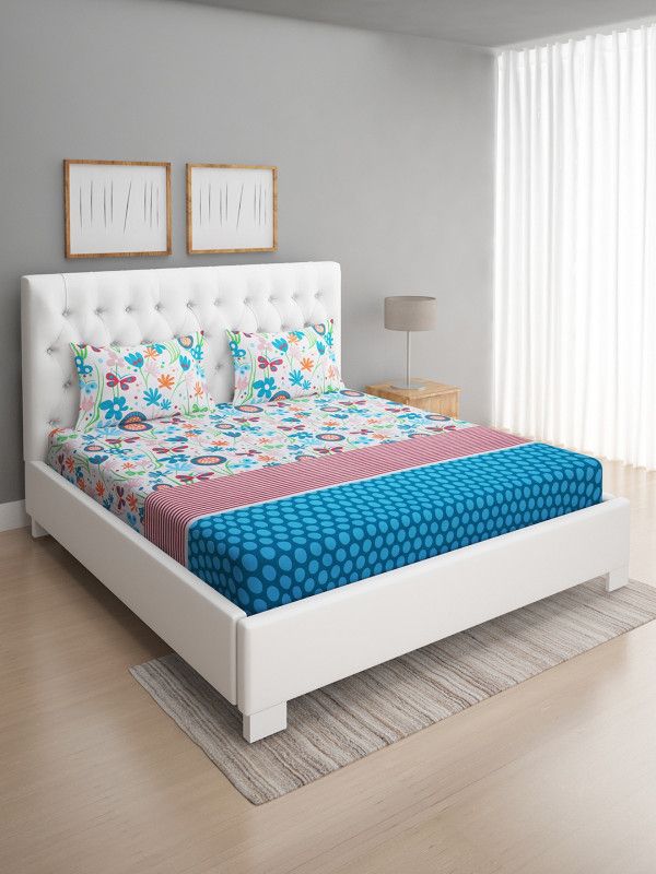 ROMEE 144 TC Polycotton Double Floral Flat Bedsheet  (Pack of 1, White & Blue)