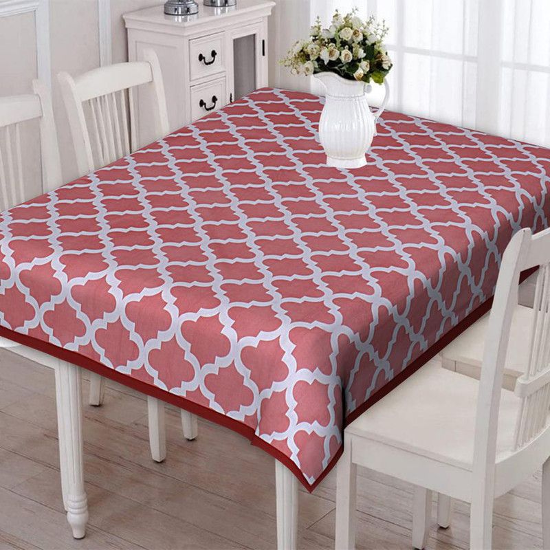 Self Design 6 Seater Table Cover  (Pink, Cotton)