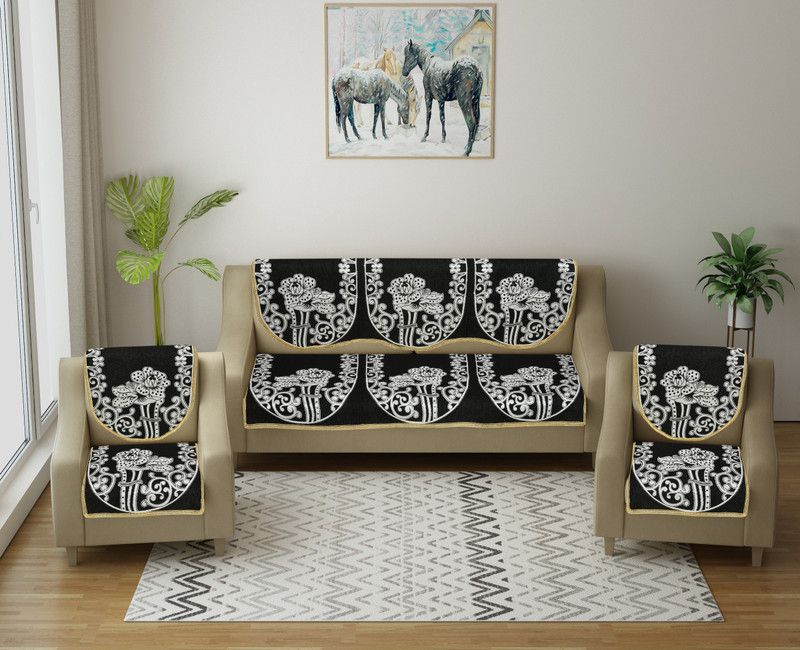 MKz Home Decor Polycotton Floral Sofa Cover  (BLACK Pack of 10)