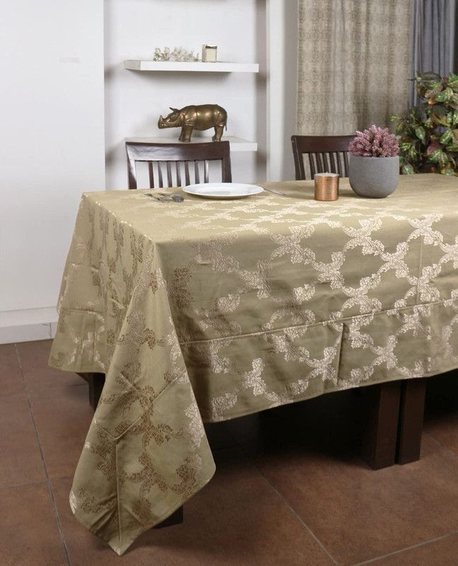 Home - the best is for you Self Design 8 Seater Table Cover  (Green, Cotton)
