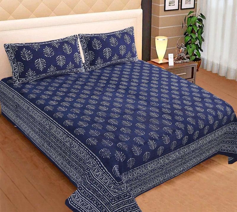 KUSH 330 TC Cotton Double Printed Flat Bedsheet  (Pack of 1, Blue)