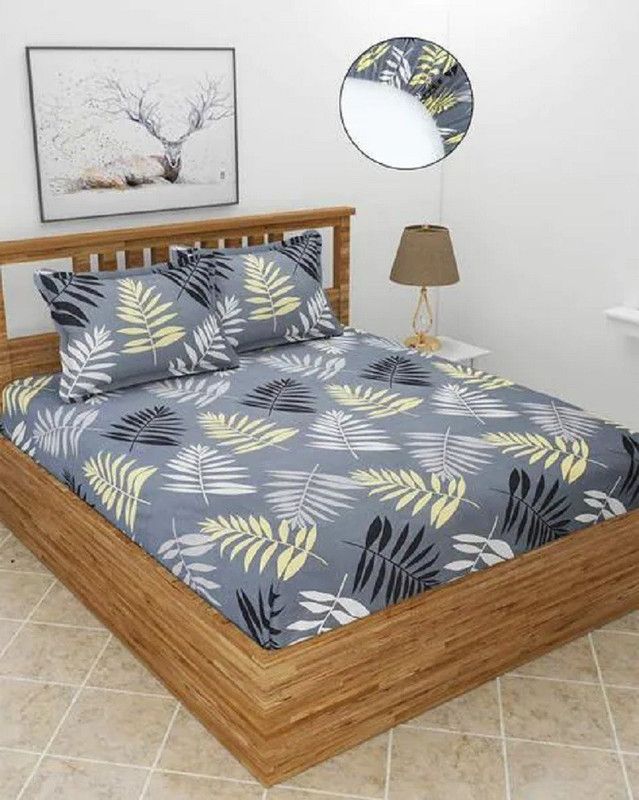 TURIYA 180 TC Microfiber Double Geometric Fitted (Elastic) Bedsheet  (Pack of 1, Grey)