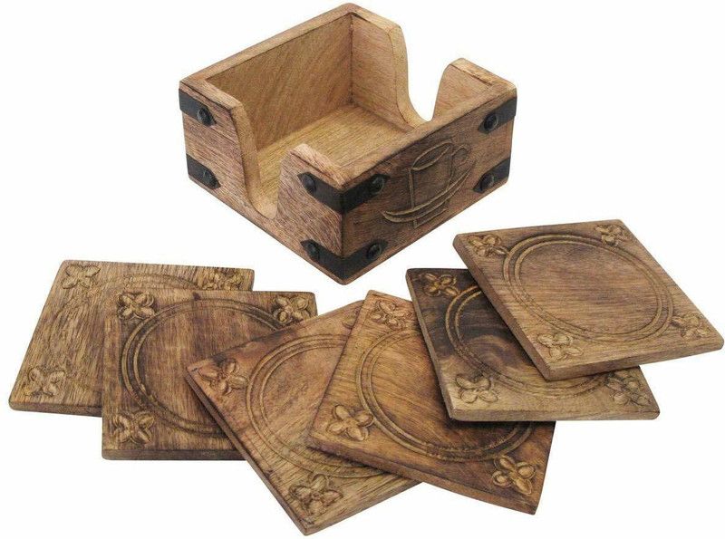 Store Indya Square Reversible Wood Coaster Set  (Pack of 6)