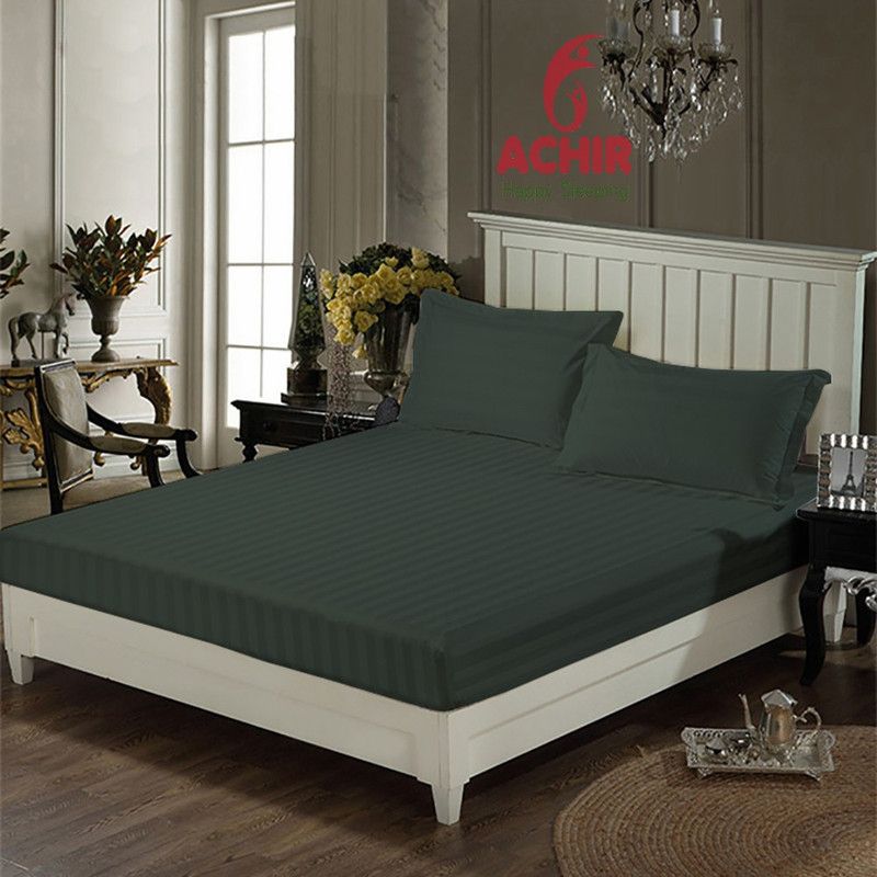 ACHIR 300 TC Cotton Double Striped Fitted (Elastic) Bedsheet  (Pack of 1, Green)