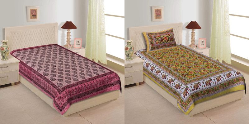 TANIKA 140 TC Cotton Single Printed Flat Bedsheet  (Pack of 2, Pink, Yellow)