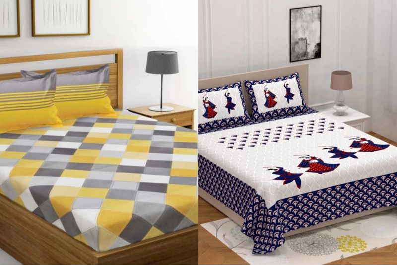 VIKANJALI FAB 104 TC Cotton Double Jaipuri Prints Flat Bedsheet  (Pack of 2, Yellow, Blue)