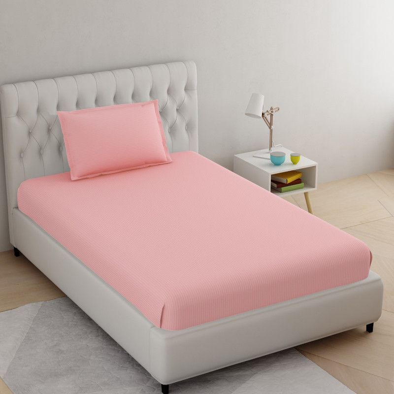 Shubastik 210 TC Cotton, Satin Single Striped Flat Bedsheet  (Pack of 1, Peach)