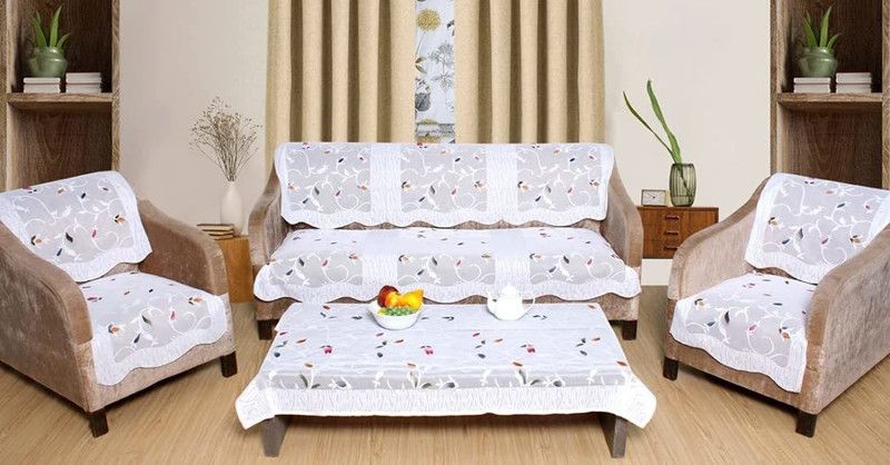 Omcarpet Cotton Floral Sofa Cover  (White Pack of 6)