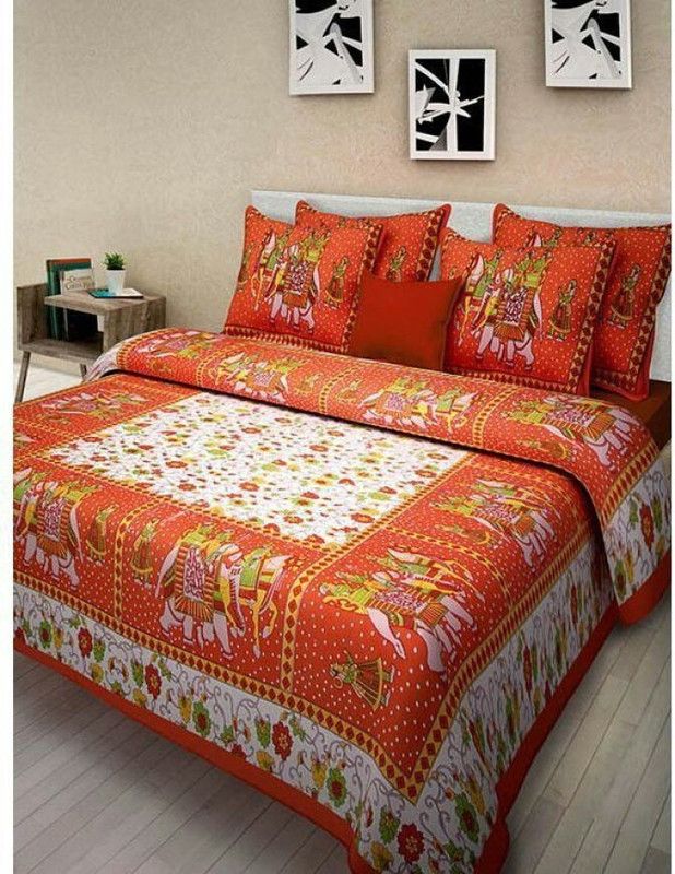Rajasthani Print 278 TC Cotton Double Printed Flat Bedsheet  (Pack of 1, Multicolor)