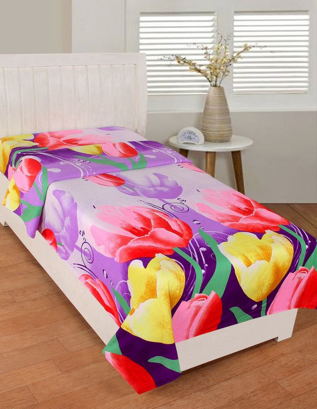 HOME KART 140 TC Microfiber Single 3D Printed Fitted & Flat Bedsheet  (Pack of 1, Purple)