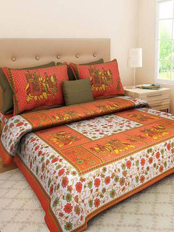 Grama 144 TC Cotton Double Jaipuri Prints Flat Bedsheet  (Pack of 3, Yellow)