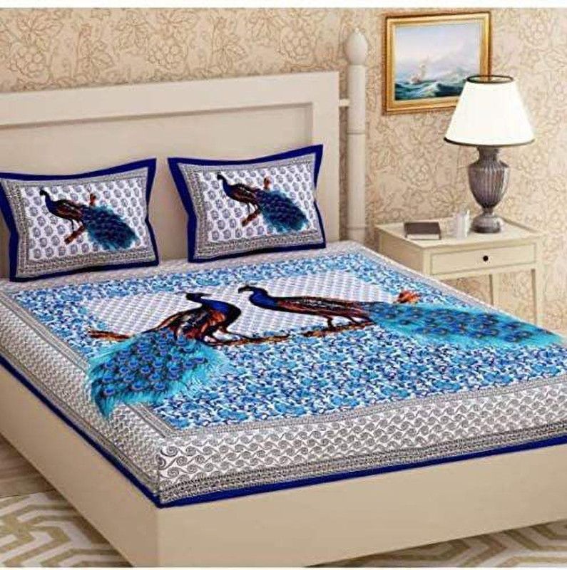 Dyad Fashion 144 TC Cotton Double Jaipuri Prints Flat Bedsheet  (Pack of 1, Bule)