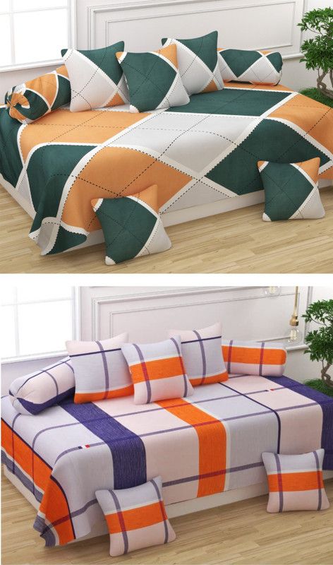 NTN World Polycotton Checkered Diwan Set  (Multicolor)