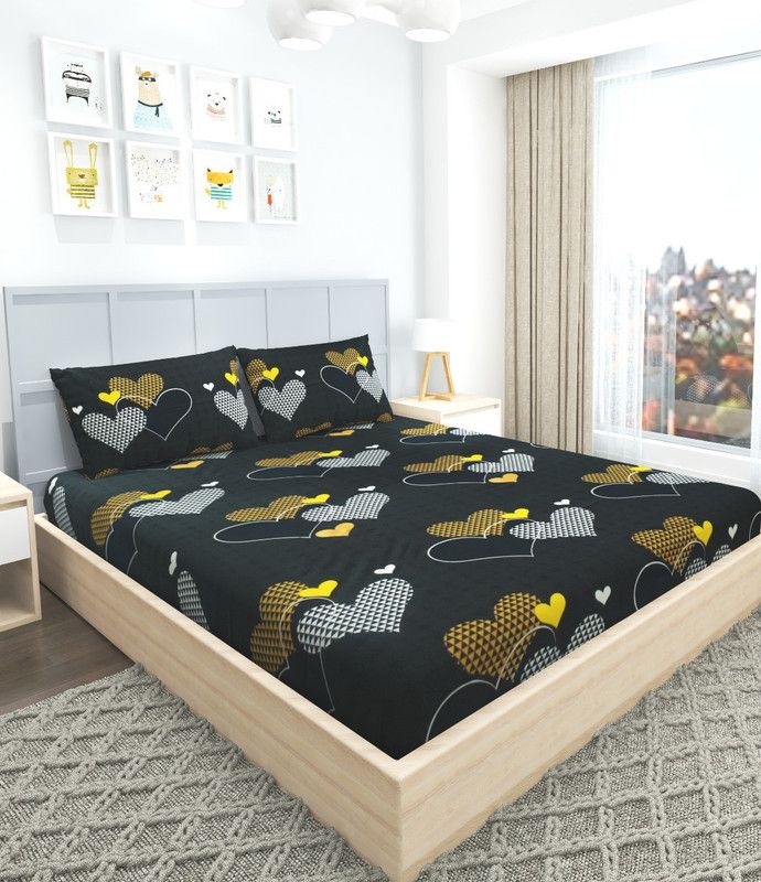 Everlush 180 TC Cotton King Floral Fitted (Elastic) Bedsheet  (Pack of 1, Black)