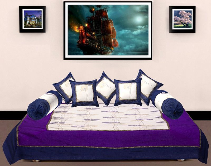 Rustic India Silk Floral Diwan Set  (Purple, Dark Blue)