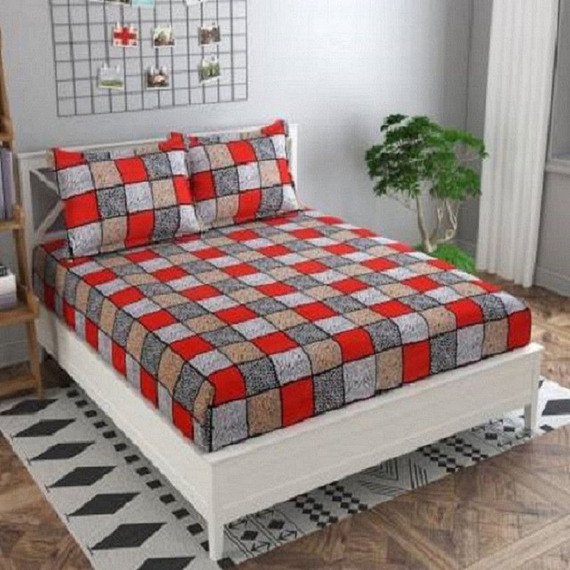 Polycotton Double Checkered Bedsheet  (Pack of 1, Red)