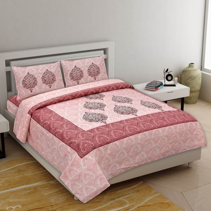 shrihans 144 TC Cotton Double Jaipuri Prints Flat Bedsheet  (Pack of 1, Pink)