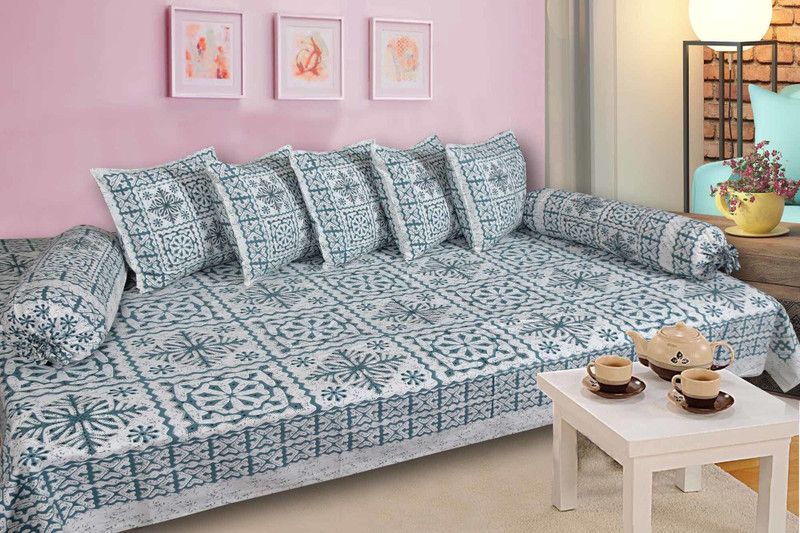 SkyKross Cotton Checkered Diwan Set  (Blue, White)