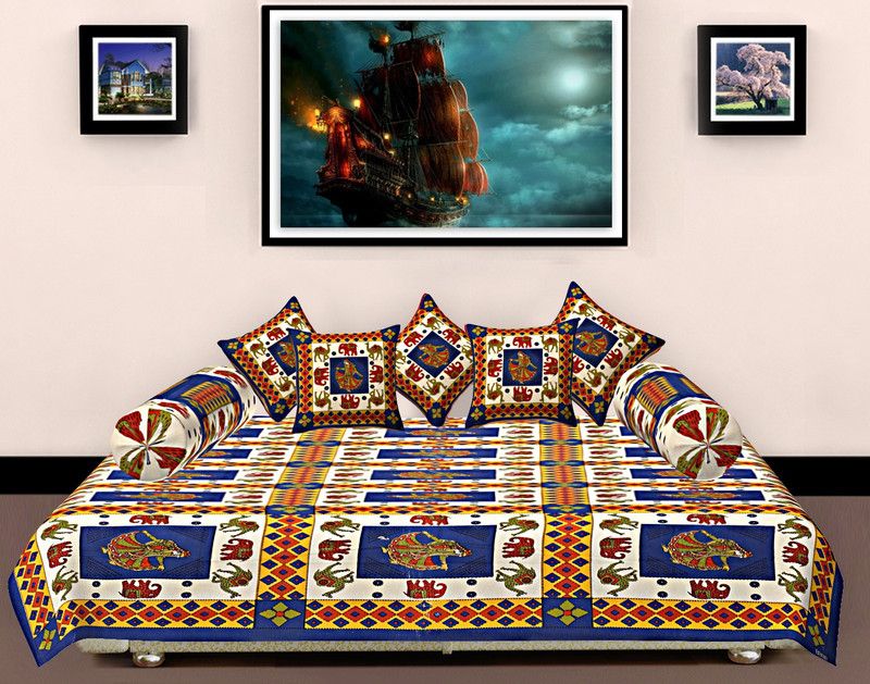 Cotton N Colours Cotton Animal Diwan Set  (Blue)