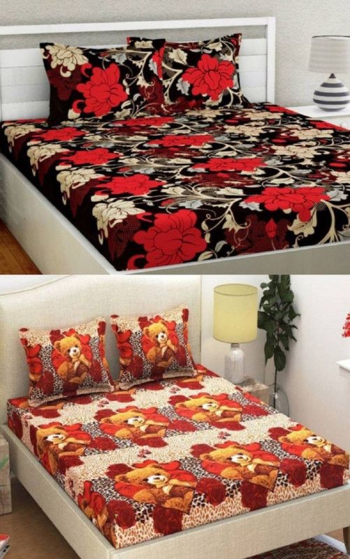 ZirconHomes 144 TC Polycotton Double 3D Printed Flat Bedsheet  (Pack of 2, Maroon, Brown)