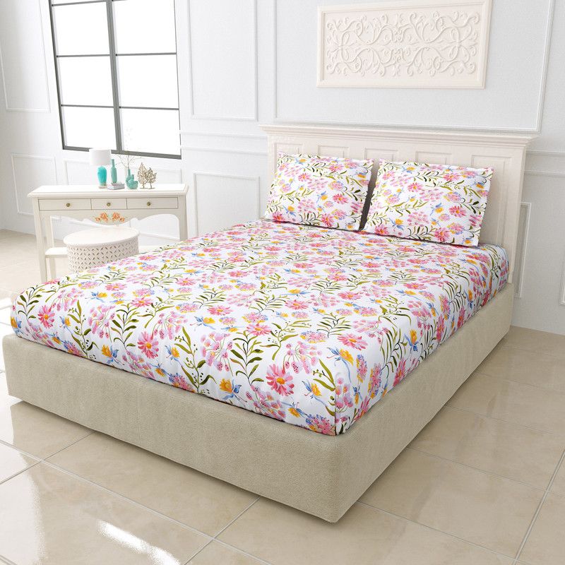 MNP Collection 150 TC Polycotton King Floral Flat Bedsheet  (Pack of 1, Carnation Flowers)
