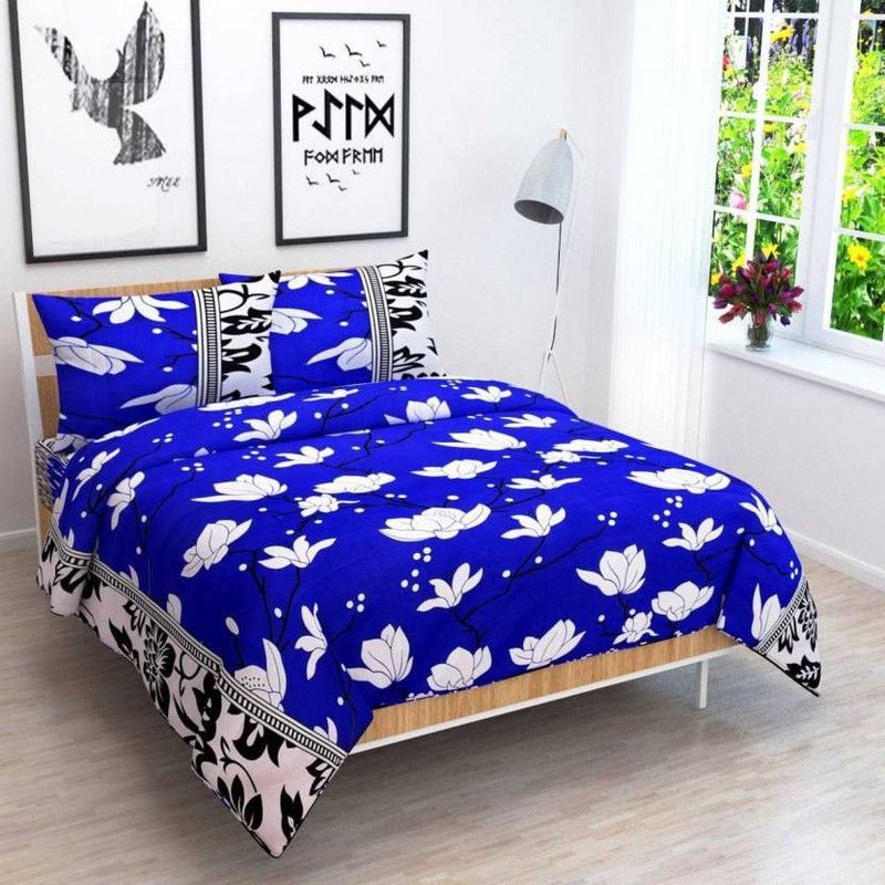 Riya Creation 155 TC Cotton Double Printed Flat Bedsheet  (Pack of 1, Blue)