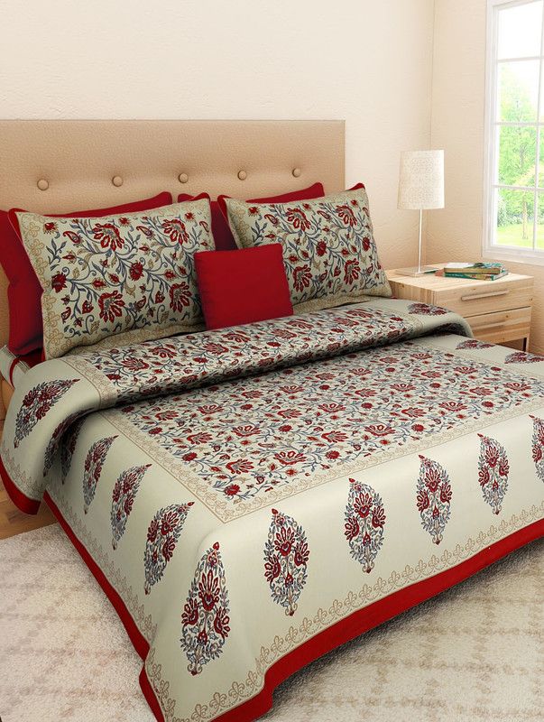 Lokesh Creashan 600 TC Cotton King Jaipuri Prints Flat Bedsheet  (Pack of 1, Multicolor)