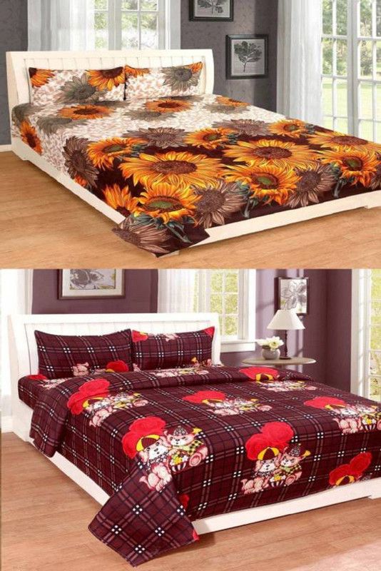 Roomesssentials 156 TC Polycotton Double Printed Fitted (Elastic) Bedsheet  (Pack of 2, Multicolor)