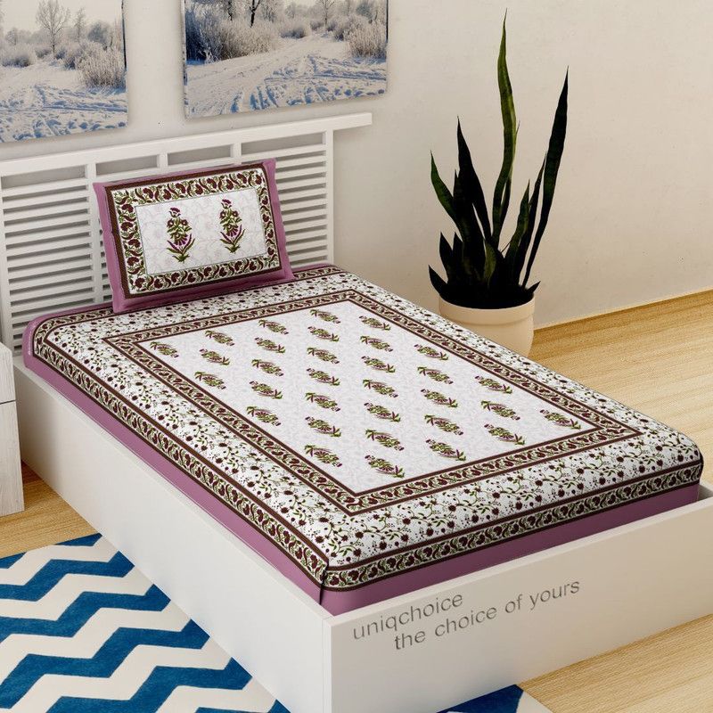 UNIQCHOICE 120 TC Cotton Single Printed Flat Bedsheet  (Pack of 1, Pink)