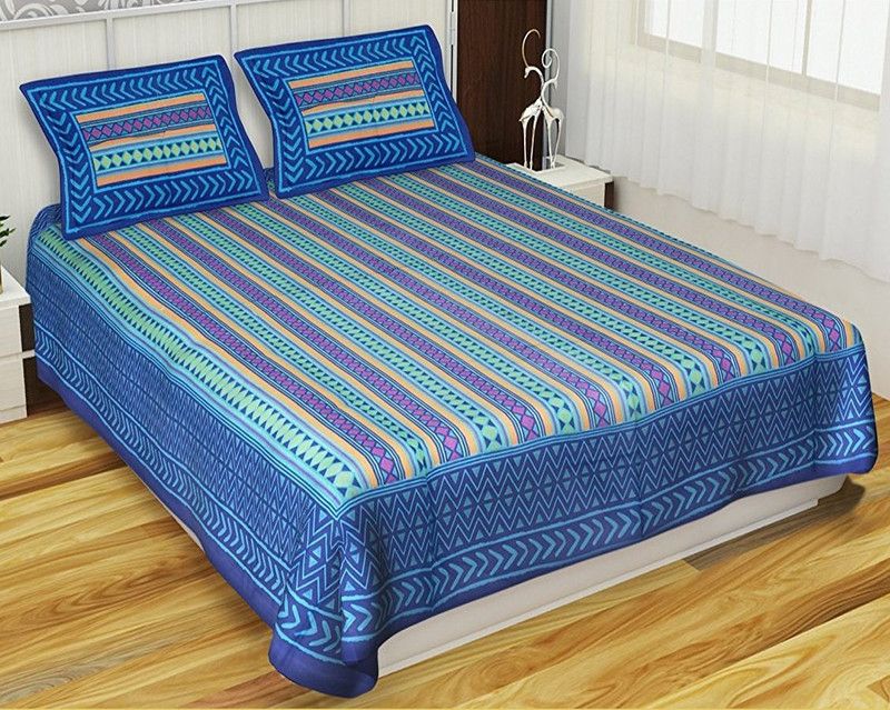 Rajasthani Jaipuri Traditional Print 150 TC Cotton Double, Queen Printed Flat Bedsheet  (Pack of 3, Blue, Multicolor)