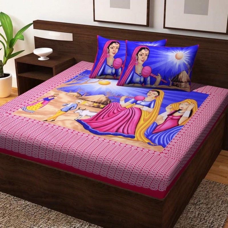 sleep-max décor 140 TC Cotton Double Jaipuri Prints Flat Bedsheet  (Pack of 1, Blue)
