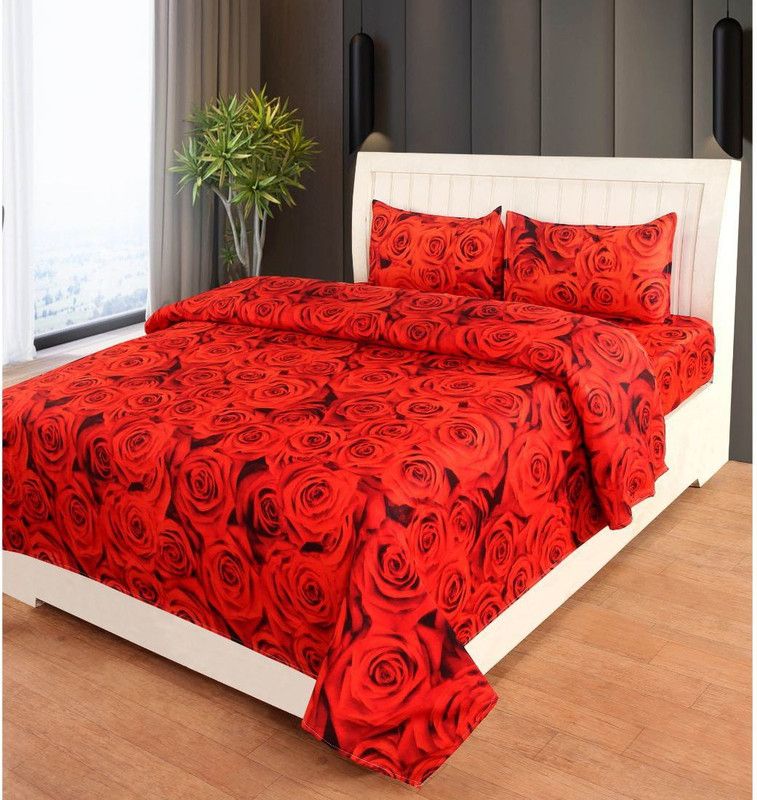 M.S. Trading Co. 144 TC Microfiber Double Floral Flat Bedsheet  (Pack of 1, Red)