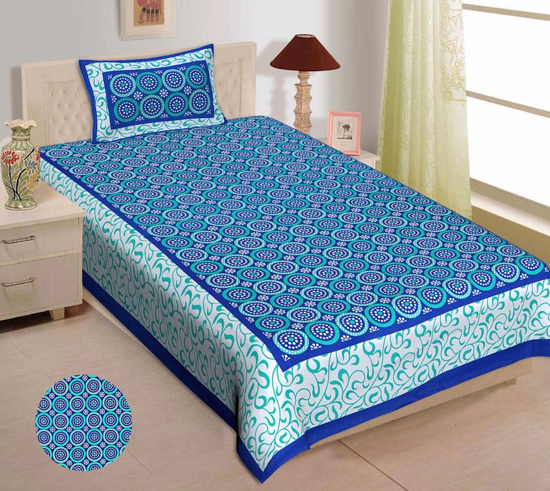 Indian Royal Fashion 140 TC Cotton Single Jaipuri Prints Flat Bedsheet  (Pack of 1, Blue)