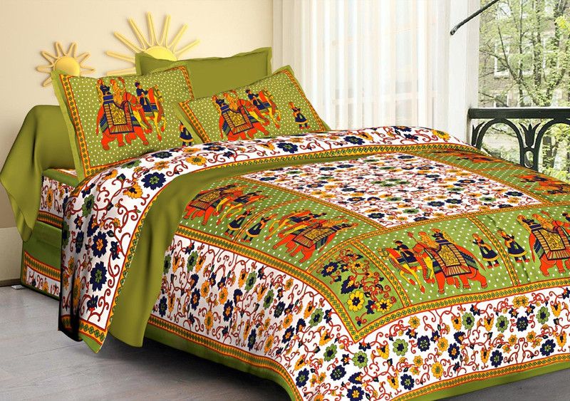 wearsome 120 TC Cotton Double Jaipuri Prints Fitted (Elastic) Bedsheet  (Pack of 1, Green)