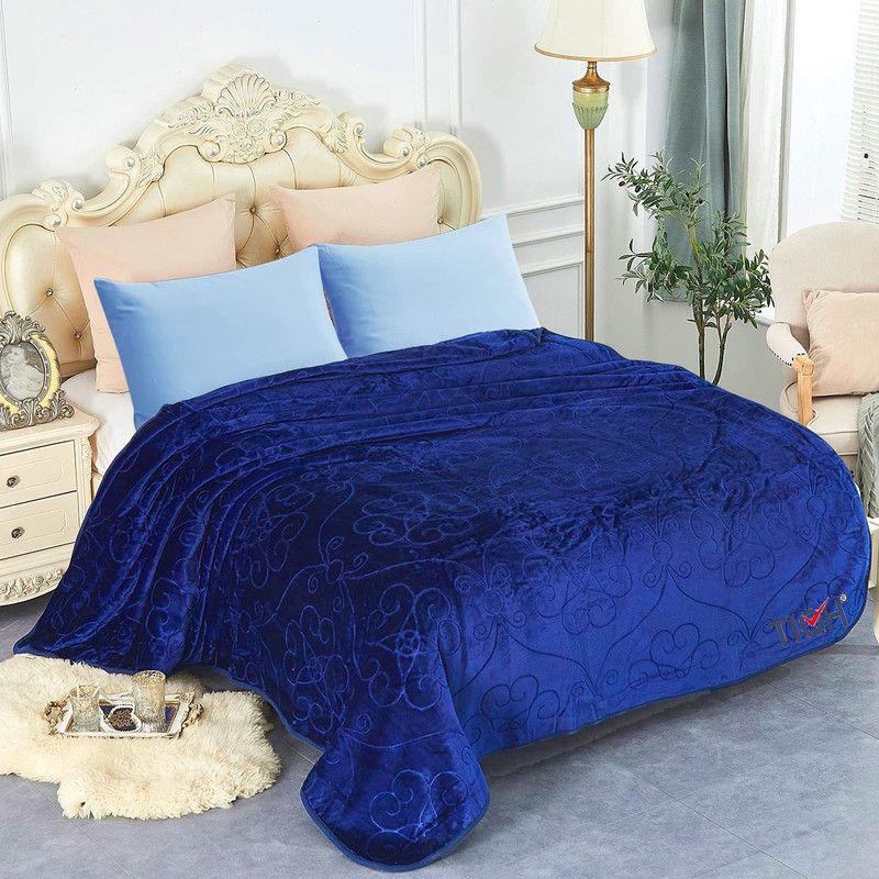 Welfic Floral Double Mink Blanket for Mild Winter  (Microfiber, Dark Blue)