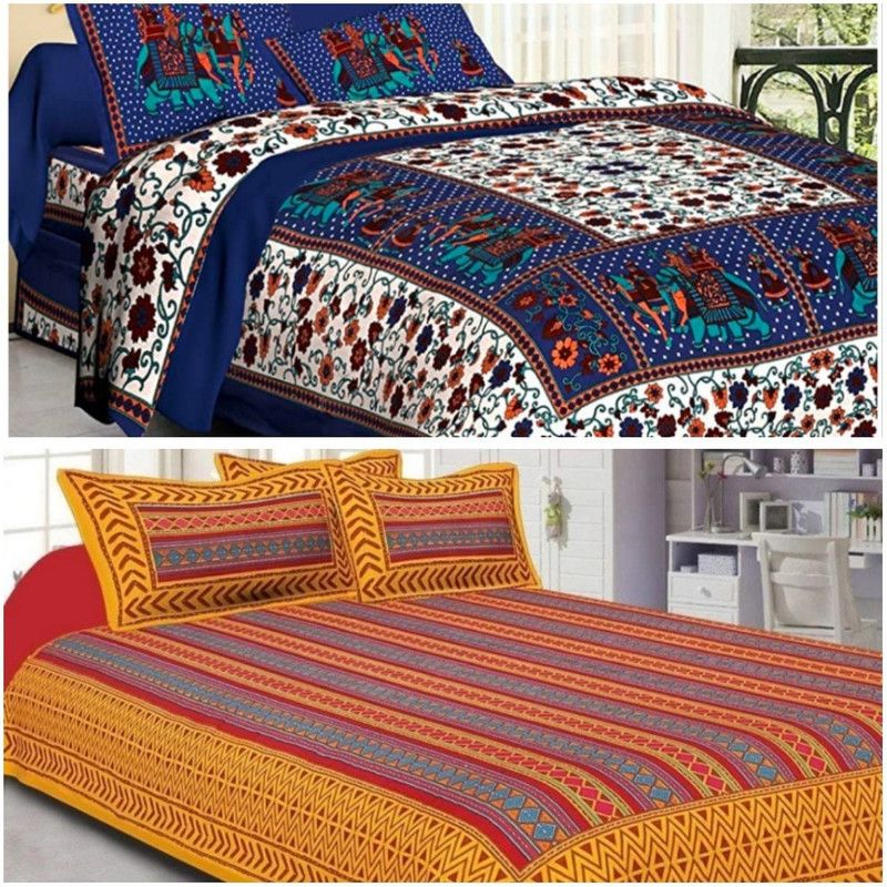 double cotton bed sheet 144 TC Cotton King Jaipuri Prints Flat Bedsheet  (Pack of 2, Orange Zig Zag & Lady Mor)
