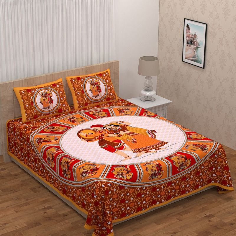 Meepo 144 TC Cotton Double Printed Flat Bedsheet  (Pack of 1, Yellow, Red)