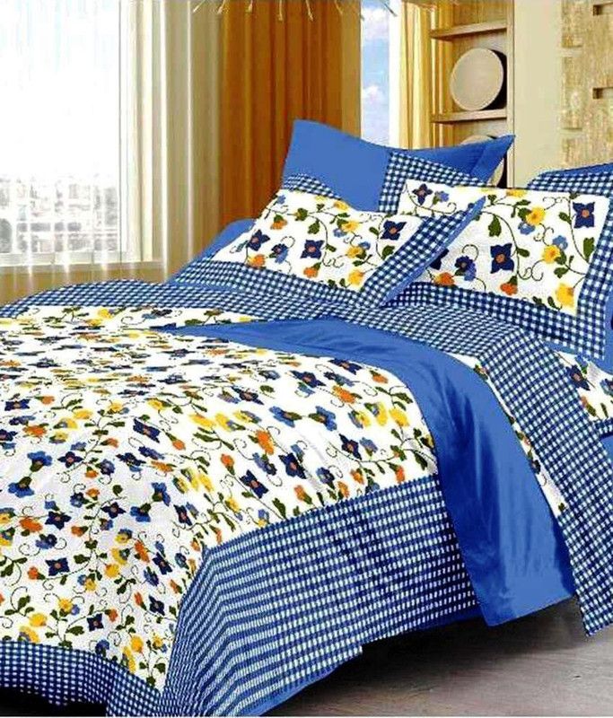 IkBedsheets 165 TC Cotton Queen Jaipuri Prints Flat Bedsheet  (Pack of 1, Blue)