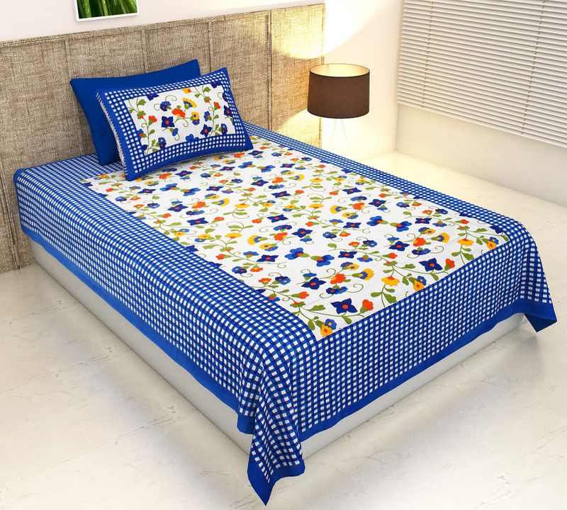 RJ Fashion Point 144 TC Cotton Single Jaipuri Prints Flat Bedsheet  (Pack of 1, Blue)