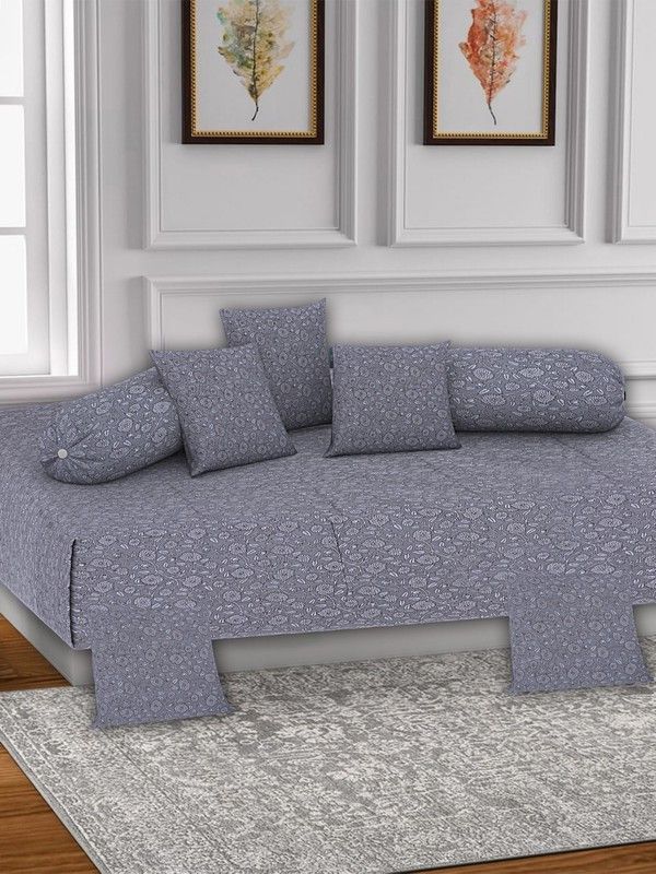 Go Texstylers Cotton Floral Diwan Set  (Grey)