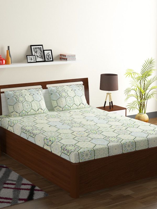 Bombay Dyeing 104 TC Polycotton Double Motifs Flat Bedsheet  (Pack of 3, Green)