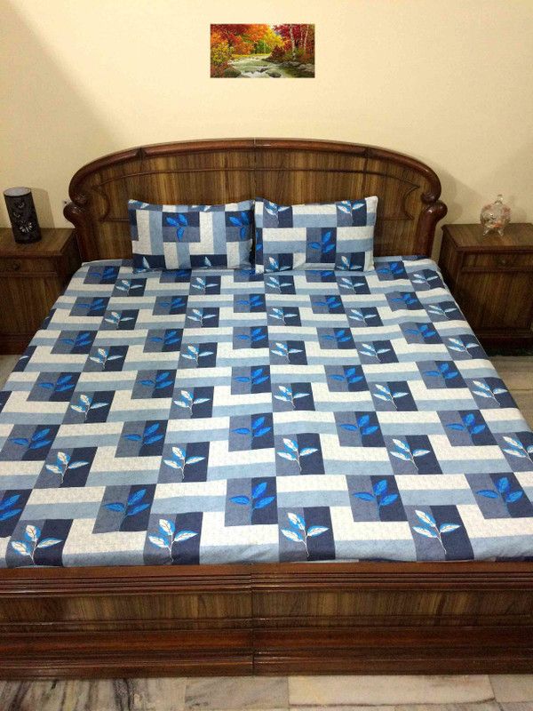 A&H 300 TC Cotton Queen Printed Fitted (Elastic) Bedsheet  (Pack of 1, Blue)