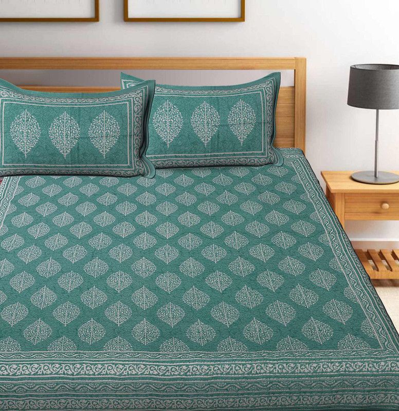 KKS Collections 200 TC Cotton Double Jaipuri Prints Flat Bedsheet  (Pack of 1, Sea Green)